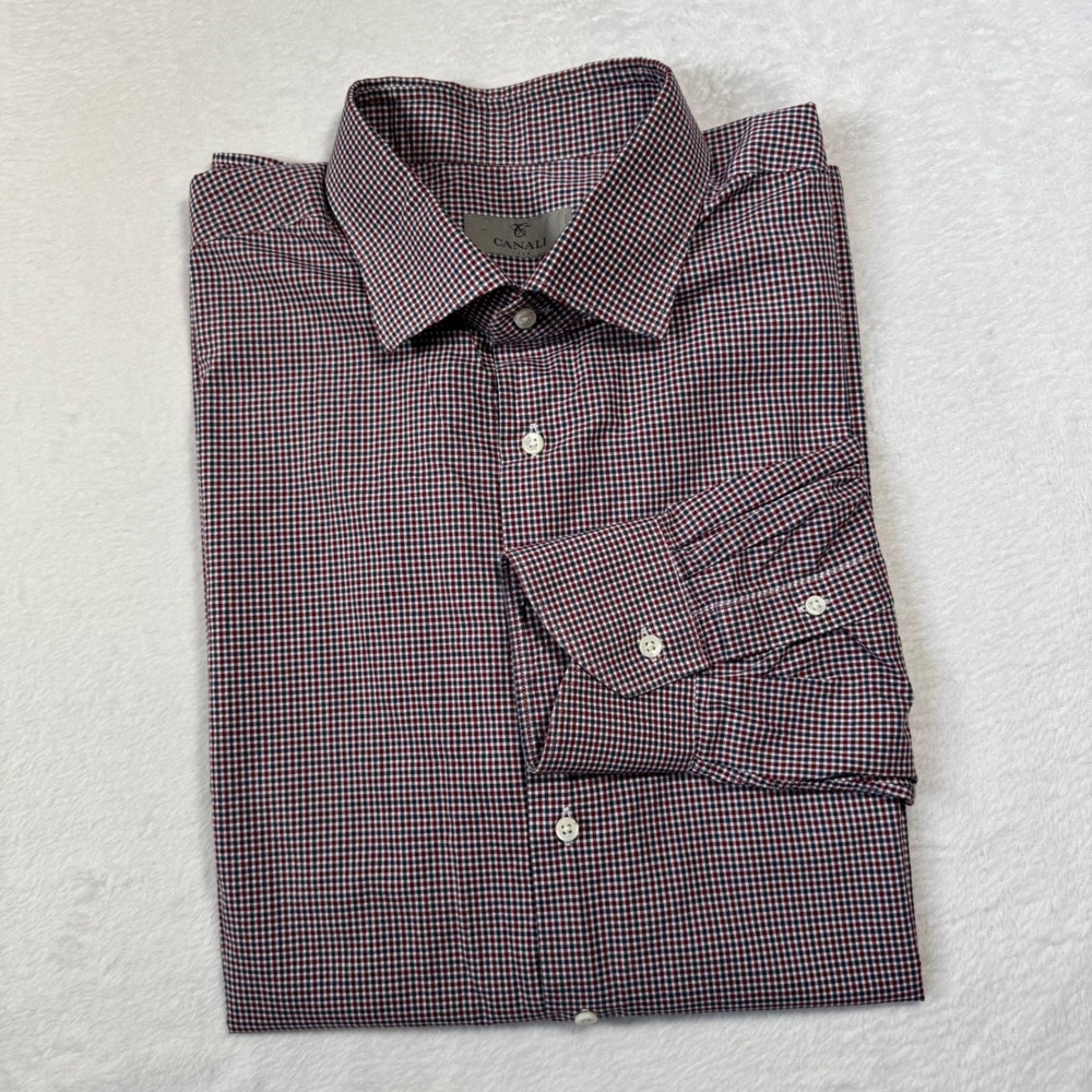 Canali Dress Shirt Mens 46-18 Burgundy Red Blue Gingham Check Long Sleeve Italy
